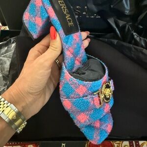 Versace Multicolor Textured Mules with Gold Medallion